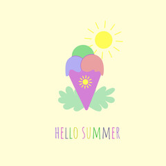 Hello summer. Ice cream and sun. Vector illustration