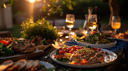 Elegant outdoor dinner setup with gourmet dishes and wine glasses during sunset, creating a warm, inviting atmosphere.
