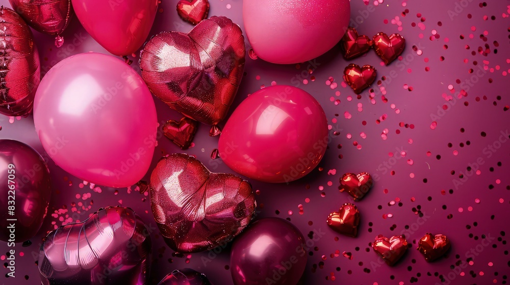 Aufkleber fuchsia background with a mix of mini heart-shaped and round balloons in deep reds and pinks, sprink