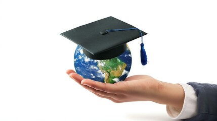 Hand Holding Graduation Cap with Globe Representing Global Education and Knowledge