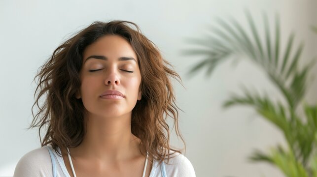 Relaxed Hispanic Woman Meditating in Therapy Session