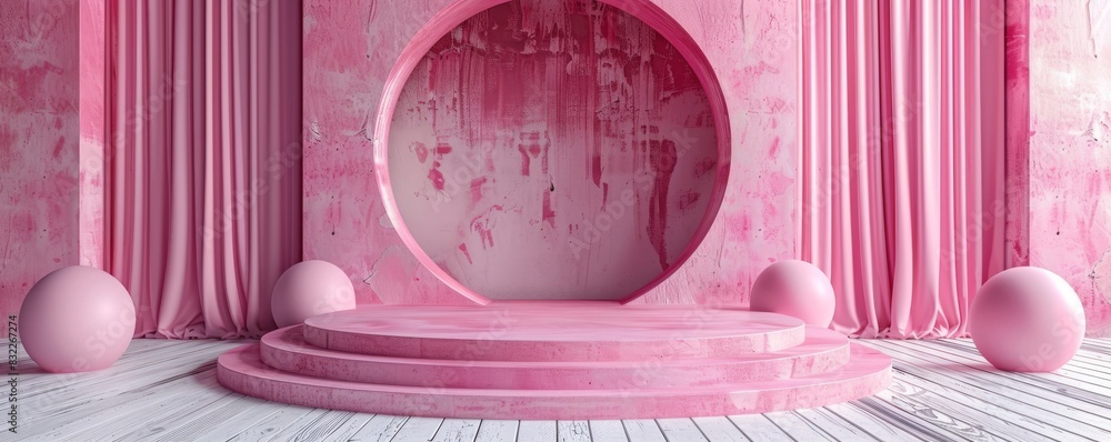 Poster elegant pink podium with soft curtains and round stage in empty space
