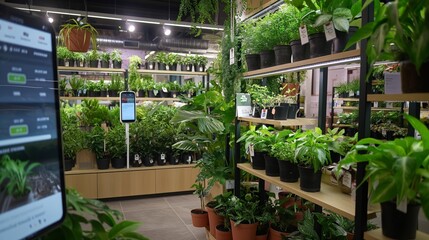 A plant nursery with a smart plant care system, providing customers with an app that scans plants for health diagnostics and care tips, displayed on interactive screens throughout the store.