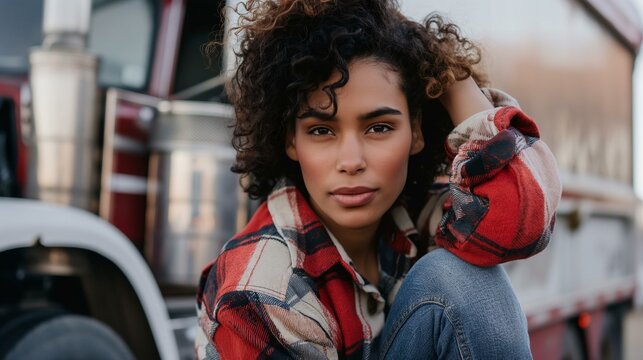 Serious Androgynous Mixed Race Woman in Plaid Shirt Sitting by a Truck - Powered by Adobe