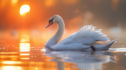 Fototapeta premium Swan floating on the water at sunrise of the day 