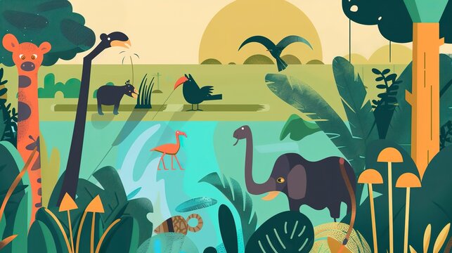 Fauna adaptation website layout flat design front view climate change impact theme animation vivid 