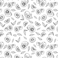 Seamless endless kiwi pattern. Illustration in hand drawn style. Can be used to create packaging, covers, backgrounds, cards, textiles, clothing, souvenirs and much more.