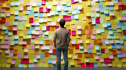 man stands in front of a wall covered in colorful sticky notes. The wall is a collage of different colored notes, some of which are overlapping each other