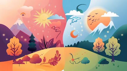 Fototapeta premium Seasonal weather changes infographic flat design side view climate study theme cartoon drawing Split-complementary color scheme 