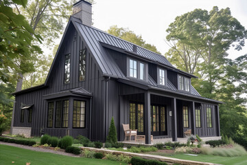 Obraz premium a modern two-story house with a dark exterior, large windows, and a pitched roof amidst green landscaping