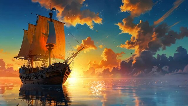 pirate ship in anime or cartoon style. seamless looping 4k video