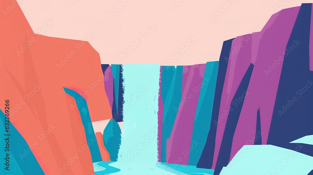 Poster mountain waterfall close-up flat design front view serene flow theme animation complementary color s