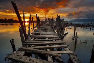 a serene sunset over a calm lake, with a dilapidated dock and an old shelter