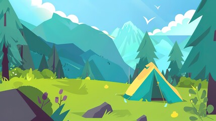 High-altitude camping website banner flat design front view survival camping theme animation vivid 