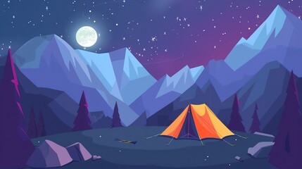 High-altitude camping website banner flat design front view survival camping theme animation vivid
