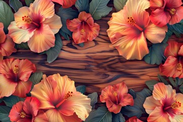 Tropical wood grain, interspersed with vibrant hibiscus flowers in full bloom, showcasing a harmonious blend of natural wood textures and the lively colors of summer, ai generated