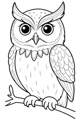 Owl on branch Kids coloring page book, black and white line art, blank  coloring art