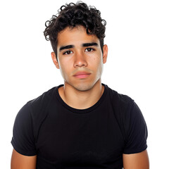 Hispanic young man wearing a black casual t - shir, white background