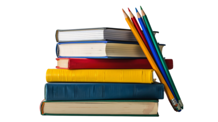 School books with colorful pencils 