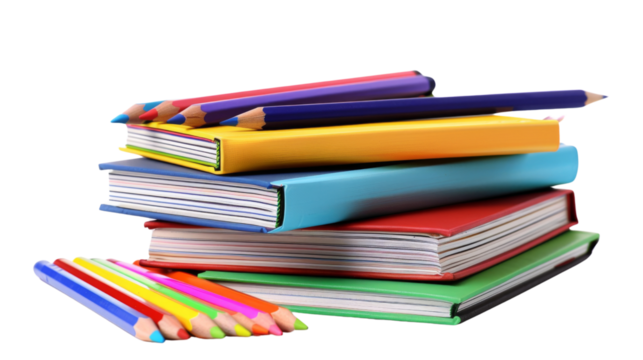 School books with colorful pencils 