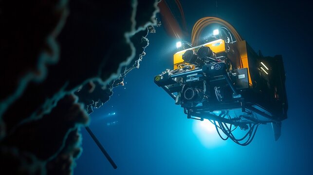 A remotely operated vehicle (ROV) deployed from a research vessel, shown capturing high-definition video of rare marine life at great depths.
