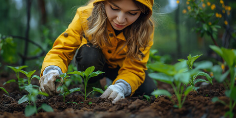 Girl in yellow dress planting trees, concept of planting trees to create a forest, concept for a green world,