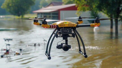 A search drone equipped with sonar technology flying over a flooded area, aiding in the detection of submerged vehicles or structures.