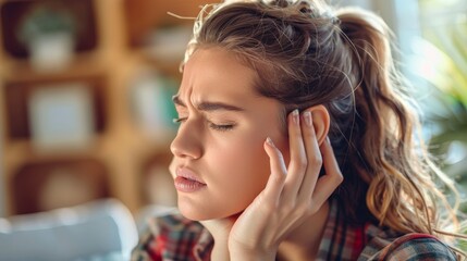 Fototapeta premium A young woman is holding her head and looks like she is in pain.
