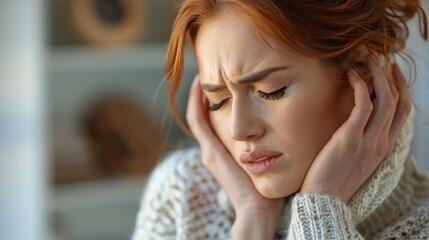 Fototapeta premium A young woman is holding her head and looks like she is in pain.