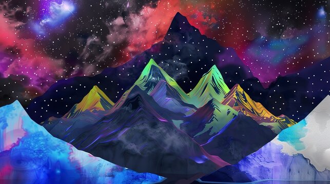 Night skies over mountains poster flat design top view universe wonder theme water color Triadic Color Scheme