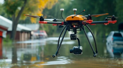 A search drone equipped with sonar technology flying over a flooded area, aiding in the detection of submerged vehicles or structures.