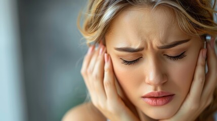 a close-up of a woman's face. holding her head in pain, expression on her face.