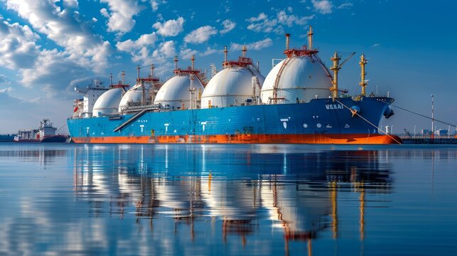 Liquid natural gas  lng  tanker moored at a gas terminal, preparing for cargo loading