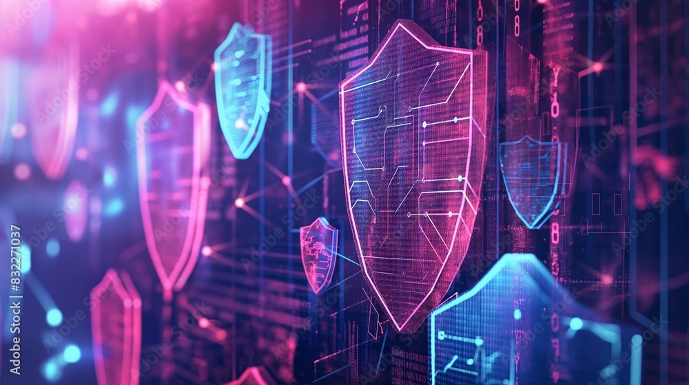 Poster a conceptual image of a virtual private network (vpn) protected by ai, with visual metaphors of shie