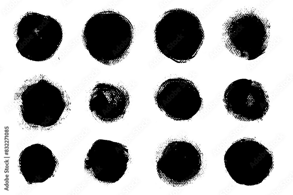 Aufkleber Round brush strokes vector. Set of circle text boxes. Grunge design elements. Painted round shapes with grain texture reminding of halftone effect