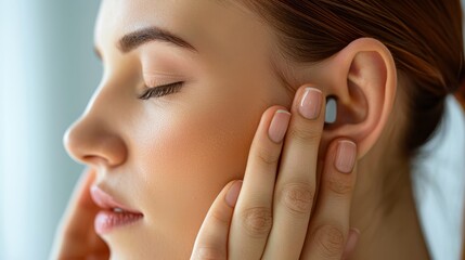 A young woman with her eyes closed is holding her ear with her hand. She has an earplug in her ear.
