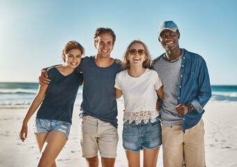 Smiling, friends and hug in portrait on beach in summer for vacation, holiday and bonding or...