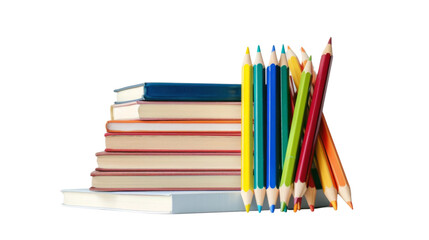 School books with colorful pencils 