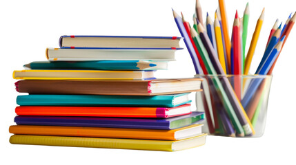 School books with colorful pencils 