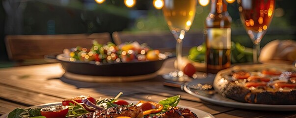 Outdoor dining scene with pizza, salad, and drinks on a wooden table, illuminated by warm evening lights, creating a cozy atmosphere.