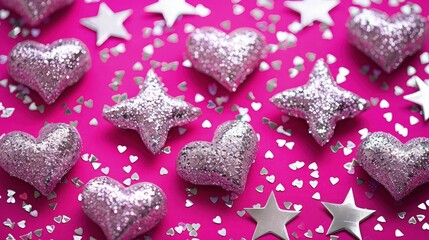 A vibrant fuchsia background with sparkling silver hearts and star-shaped glitter, designed for a lively baby girl birthday invitation.