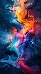 Design an abstract composition with fluid textures and dynamic splashes. Illustrate swirling patterns and whimsical strokes in vibrant hues, layered to create depth and visual interest while