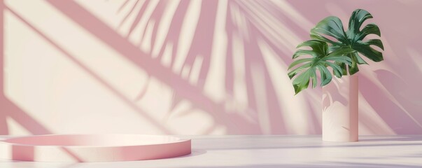 Minimalistic pink podium with monstera leaf and shadows in soft pastel background
