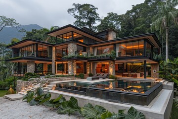 Obraz premium Luxurious wooden villa surrounded by greenery, modern architecture, serene setting, high end residence, nature retreat, exclusive lifestyle