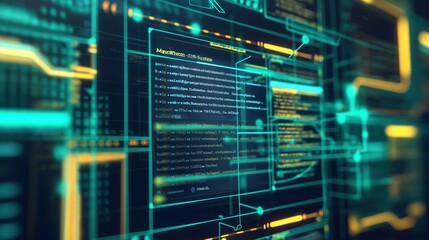 Fototapeta premium A smart contract interface on a computer screen, showing legal documents being automatically executed and verified via a blockchain network.