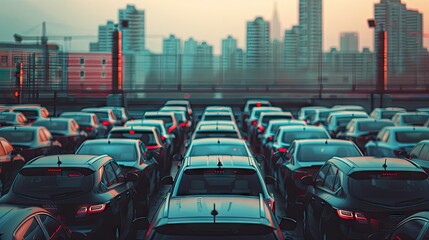 Fototapeta premium Many cars parked in a lot with city in background