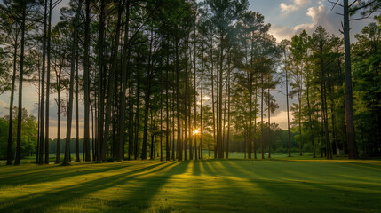 Obraz premium A large field of grass with trees in the background. The sun is setting, casting long shadows on the grass