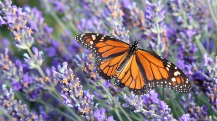 Obraz premium A butterfly on a lavender plant, with the purple flowers providing a stunning contrast to its wings