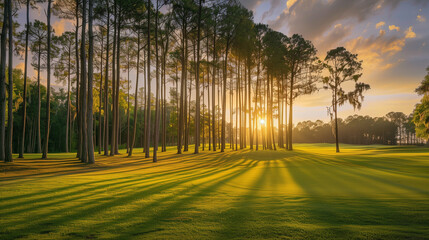 Obraz premium A large field of grass with trees in the background. The sun is setting, casting long shadows on the grass