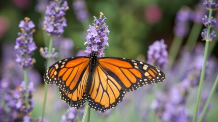 Fototapeta premium A butterfly on a lavender plant, with the purple flowers providing a stunning contrast to its wings